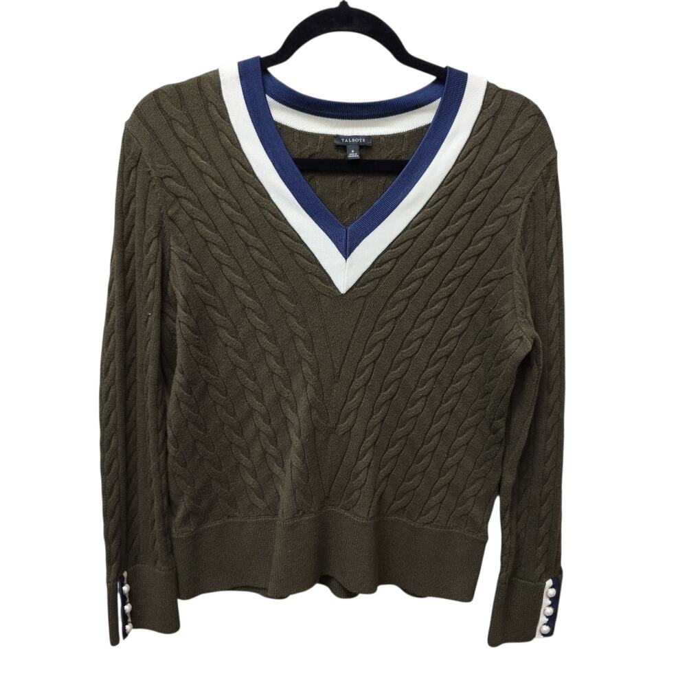 Talbots Womens Tennis Prep Varsity Cable Knit Sweater Medium Preppy Ivy League - Picture 2 of 5
